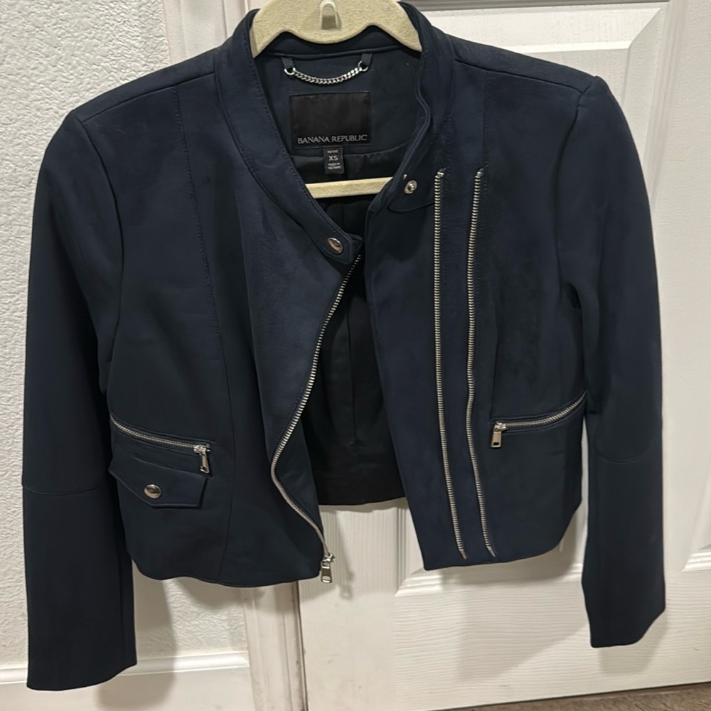 Suede jacket. Color is navy blue